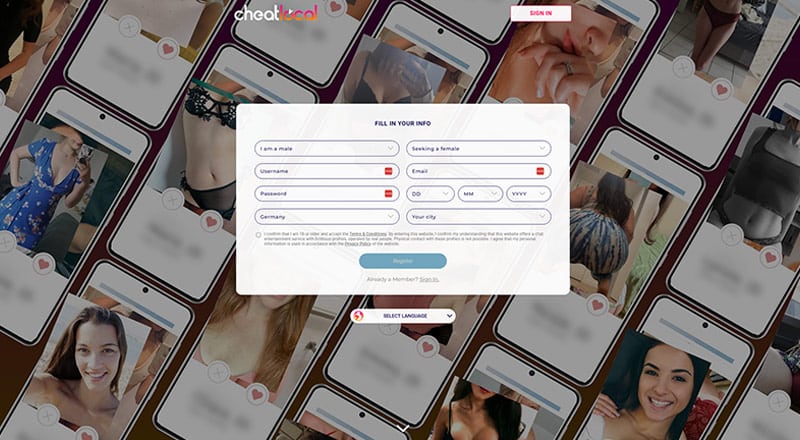 Cheatlocal Login-Seite und Registrierungsformular für den diskreten Seitensprung-Test
